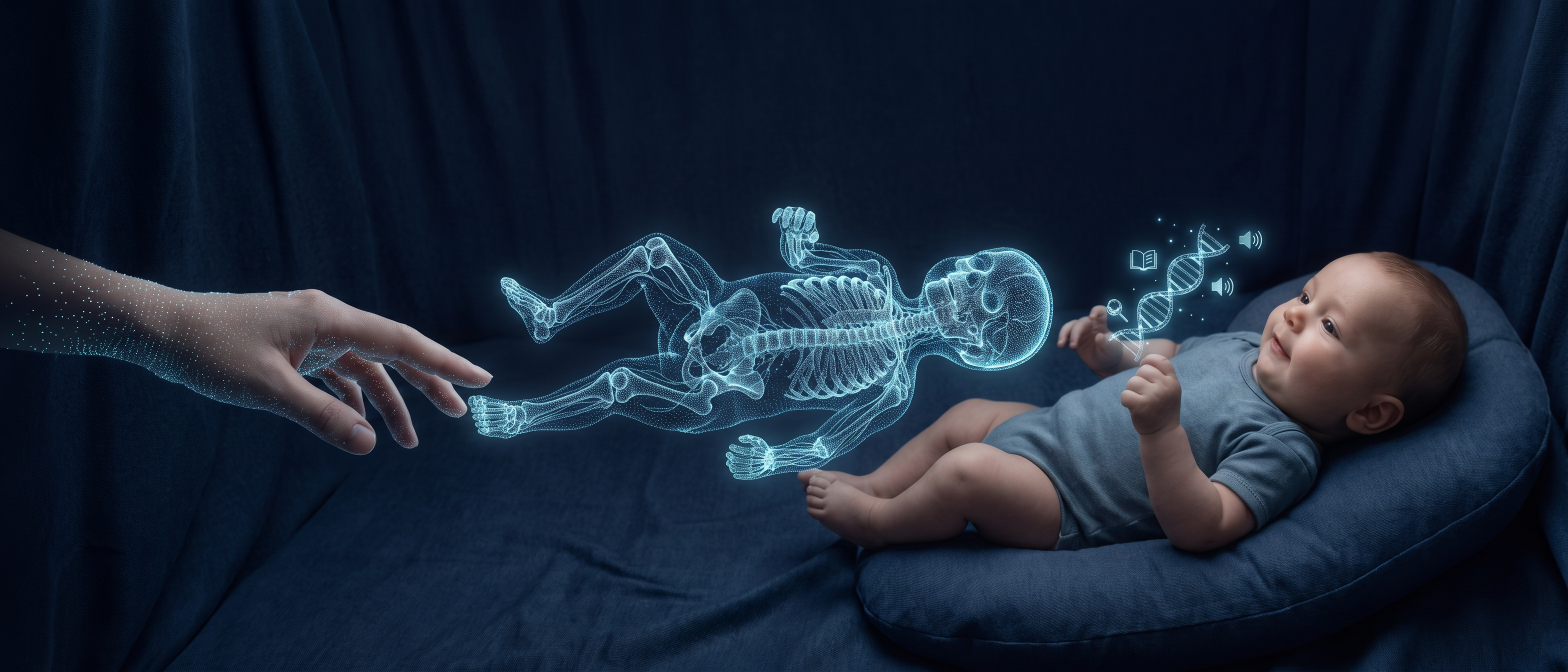 A mother's dotted hand reaching toward her baby, with a glowing cyan wireframe skeleton of the infant growing between them