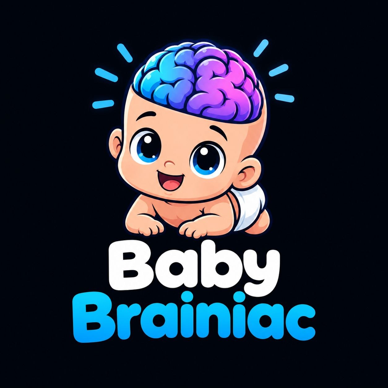Baby Brainiac logo — a cartoon baby with a glowing blue and purple brain